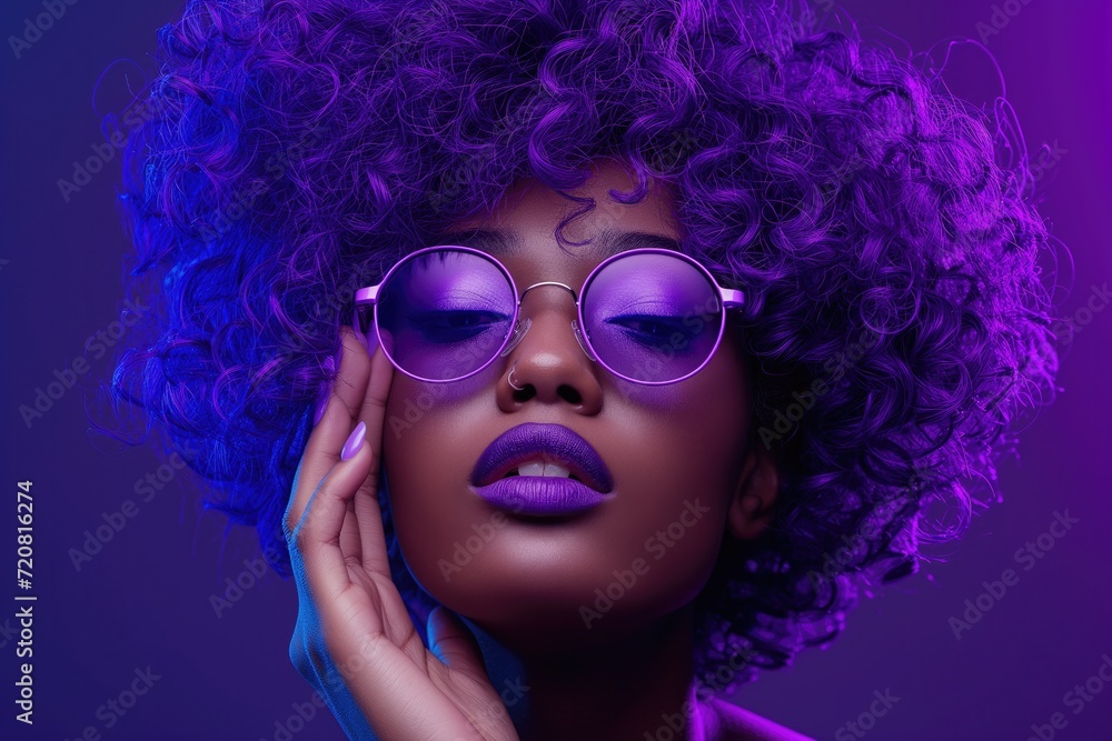 Fashion portrait of young beautiful african woman wearing trendy glasses, showcasing stylish look with afro hairstyle, isolated on purple background