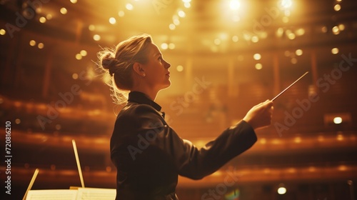 Female conductor leads an orchestra, baton in hand, under dramatic stage lights in a grand concert or philharmonic hall