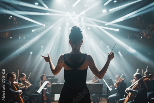 Female conductor leads an orchestra, baton in hand, under dramatic stage lights in a grand concert or philharmonic hall