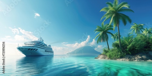 Luxury cruise ship near a tropical island with palm trees and clear turquoise waters under a bright blue sky © iridescentstreet