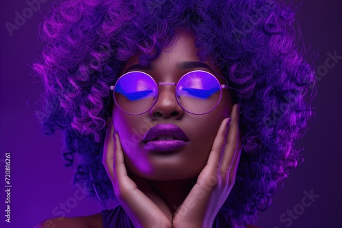 Fashion portrait of young beautiful african woman wearing trendy glasses, showcasing stylish look with afro hairstyle, isolated on purple background