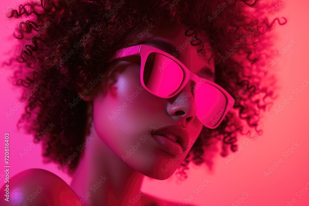 Fashion portrait of young beautiful african woman wearing trendy glasses, showcasing stylish look with afro hairstyle, isolated on pink background Fashion portrait of young beautiful african woman wearing trendy glasses, showcasing stylish look with afro hairstyle, isolated on pink background