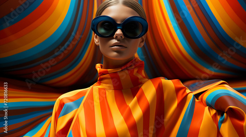fashion cover, blonde model in colorful striped outfit in fashion sunglasses on striped background