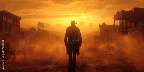 Cowboy walks through a dusty Wild West landscape at sunset, the golden light casting a heroic silhouette in dust photo