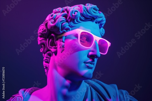 Antique greek statue wearing cool neon pink sunglasses, blending ancient art with contemporary style, isolated on blue background