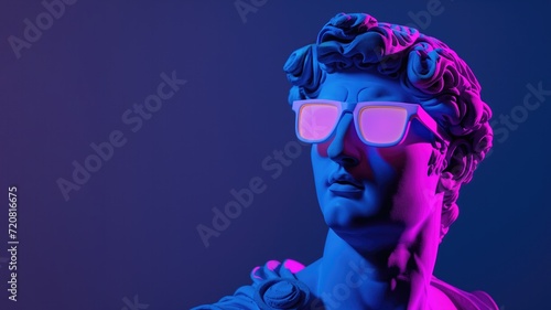 Antique greek statue wearing cool neon pink sunglasses, blending ancient art with contemporary style, isolated on blue background