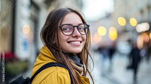 A stylish girl in a yellow jacket and scarf smiles confidently on a busy city street, her glasses enhancing her vision and completing her chic outdoor look
