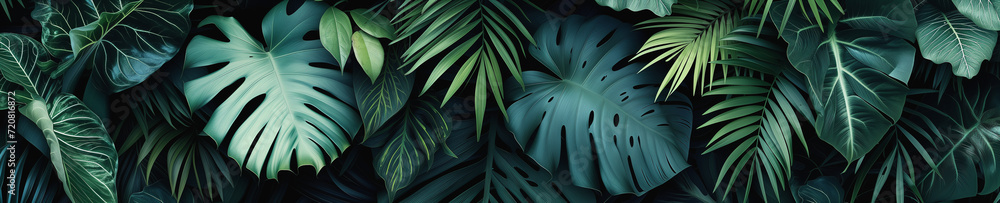Background from palm leaves. Sleek dark tropical leaves wallpaper, perfect for a sophisticated and modern botanical look - obrazy, fototapety, plakaty 