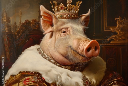 Renaissance portrait of anthropomorphic medieval royal pig queen wearing crown, oil painting