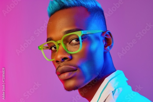 Portrait of african american male fashion model, wearing neon green trendy glasses, young stylish trendsetter man with modern aesthetic look