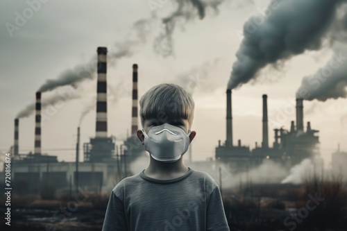 Little kid wearing a protective face mask, industrial smokestacks emitting pollution on background, representing poor air quality in polluted city