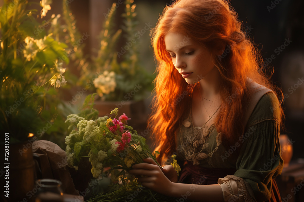 Naklejka premium Red haired girl healer collects herbs and flowers. Generative AI tools
