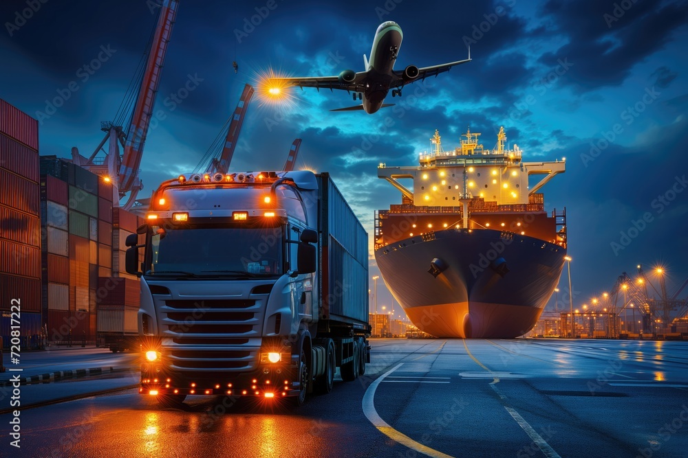 Global logistics with semi-truck, cargo ship docked at port and airplane illustrating freight transport and transportation - obrazy, fototapety, plakaty 