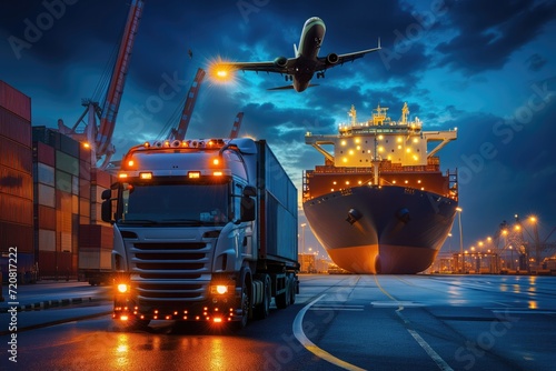 Global logistics with semi-truck, cargo ship docked at port and airplane illustrating freight transport and transportation