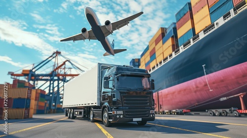 Global logistics with semi-truck, cargo ship docked at port and airplane illustrating freight transport and transportation