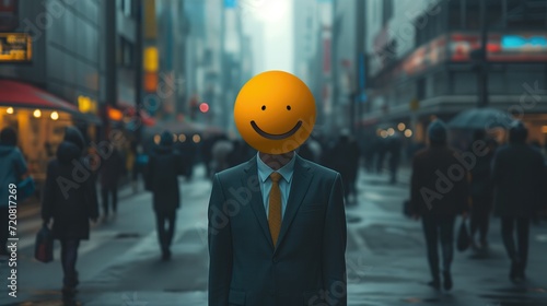 Man in a suit with large smiley face emoticon or emoji as a head, creating a contrast with the busy city life on background