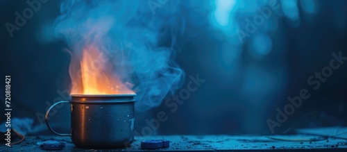 Portable stove and fuel tablets for boiling water in a metal mug during a blackout or energy crisis at home. photo