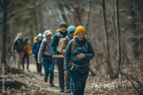 A group of hikers on a trail with an older woman leading the group, seniors helping others. © Jouni