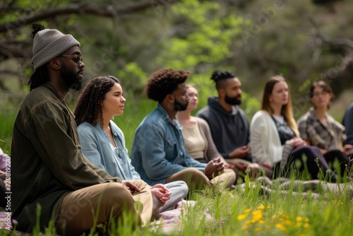 Diverse group of people sitting in park meditating, summer meditation outside or in the forest.