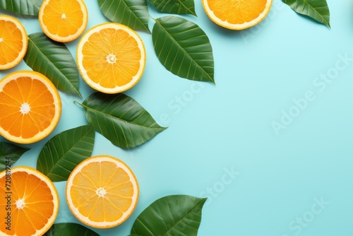 Tropical Holiday Concept: Top View of Juicy Citrus Slices and Palm Leaves on Light Blue Background AI Generated