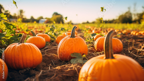 A pumpkin patch with rows of vibrant orange pumpkins, AI Generative.