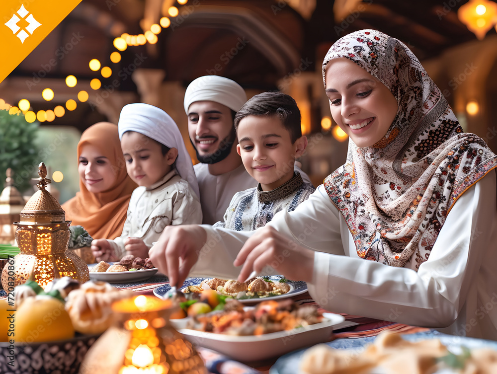 A smiling Muslim family gathers around a table adorned with traditional lamps, breaking their fast with a delicious iftar meal in a cozy home setting