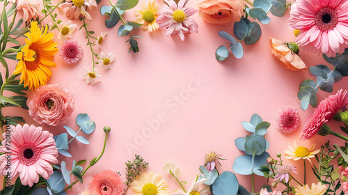A vibrant selection of various flowers meticulously arranged in a circular pattern on a pastel pink background creates a festive springtime composition