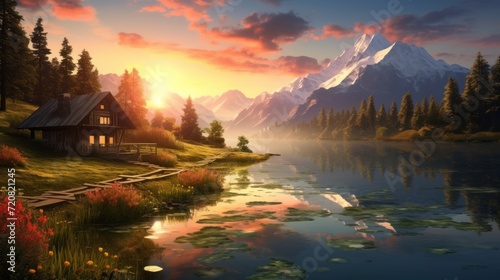 Stunning Sunset Reflecting on Water and Green Trees with Mountains and Wooden Huts AI Generated