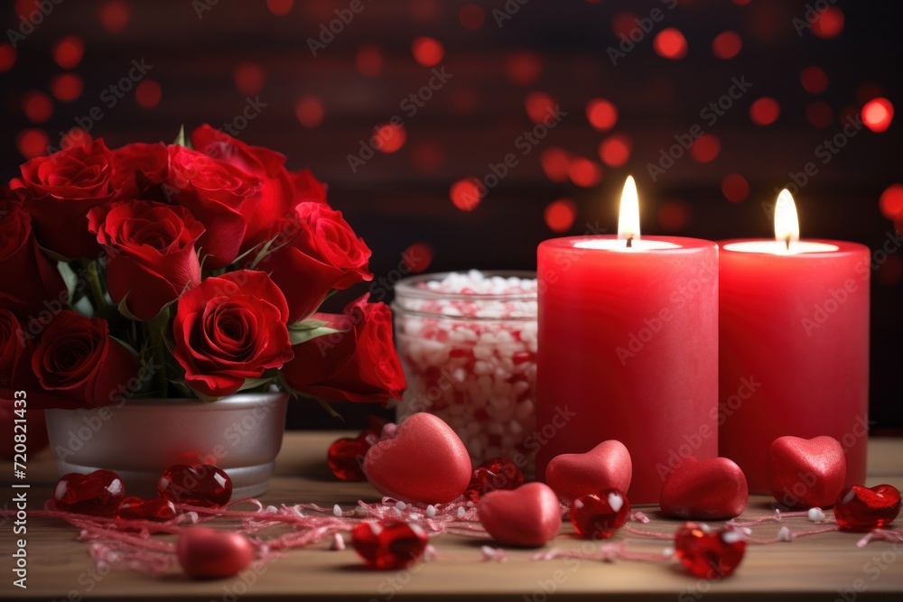 Romantic Valentine's Day Background with Red Roses, Candle, and Hearts AI Generated
