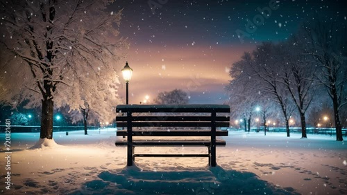 Winter Wonderland, Snow, Night, Sky, Aurora, Landscape Park, Bench, Scenery, Village, Wooden House, Castle, Nature Ambience, Outdoor, Night, Snowfall, Snow Falling, Loop Video 4K Background photo