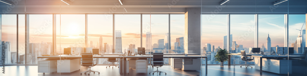 Panorama of a large office with large panoramic windows and a view of the metropolis at dawn in the rays of the sun. AI generated - obrazy, fototapety, plakaty 