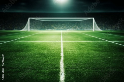 Background of soccer field with empty goal lines and detailed ground. Generative AI