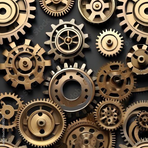 Abstract composition of interconnected gears and cogs in metallic tones Industrial and steampunk-inspired background for technology or engineering projects2