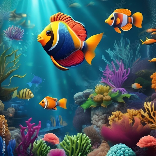 Vibrant underwater world with whimsical fish and coral reef Playful and colorful cartoon illustration for childrens book or nursery decor1