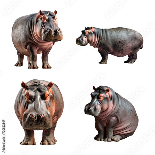 Set of isolated Hippopotamus (Standing 3/4, Standing Side, Standing Front, Shy)