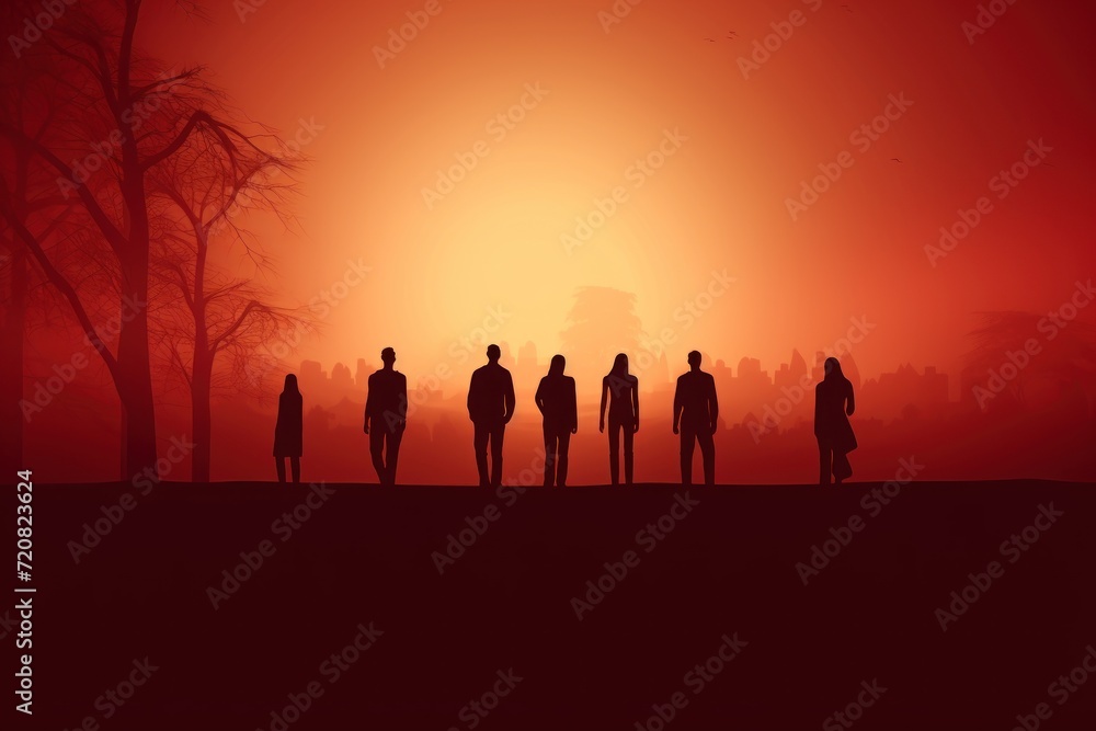 Vibrant sunrise crowd, silhouetted human gathering, red dawn gathering, shadowed silhouette crowd, smog, voices, meeting, assembly, convention, generative AI, JPG Vibrant sunrise crowd, silhouetted human gathering, red dawn gathering, shadowed silhouette crowd, smog, voices, meeting, assembly, convention, generative AI, JPG