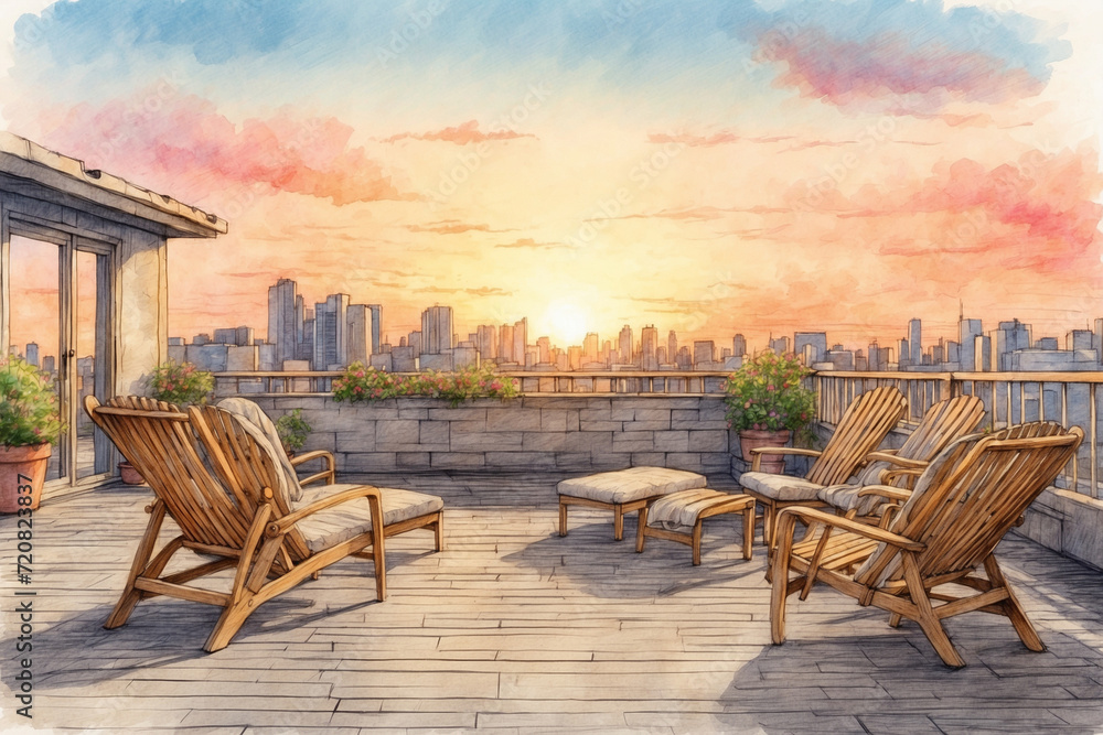 Rooftop with wooden chairs to relax at sunset in sketch