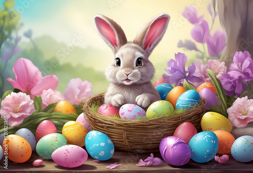 A illustration for a Happy Easter greeting card featuring a rabbit surrounded by flowers and Easter eggs. Perfect for Easter-themed content.