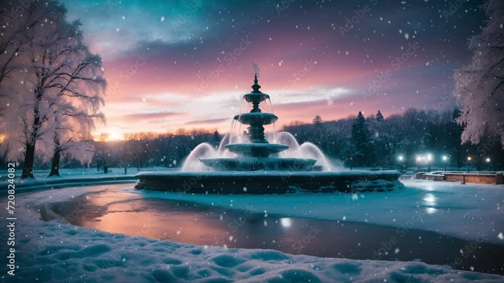Frozen Fountain, Park, Winter Wonderland, Snow, Night, Sky, Aurora, Landscape Scenery, Nature Ambience, Outdoor, Night, Snowfall, Snow Falling, Loop Video 4K Background Frozen Fountain, Park, Winter Wonderland, Snow, Night, Sky, Aurora, Landscape Scenery, Nature Ambience, Outdoor, Night, Snowfall, Snow Falling, Loop Video 4K Background