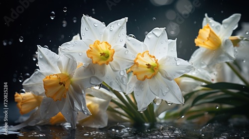 Luminous Beacons: Dampened Bright Yellow Daffodils Heavy with Rain AI Generated photo