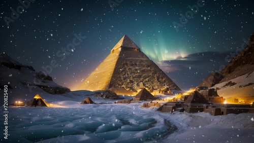 Pyramids, Cinematic, Epic, Winter, Snow, Landscape Scenery, Night, Aurora, Nature Ambience, Outdoor, Snowfall, Snow Falling, Loop Video 4K Background, AI
