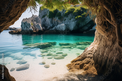 A secluded cove with crystal-clear turquoise waters, AI Generative.