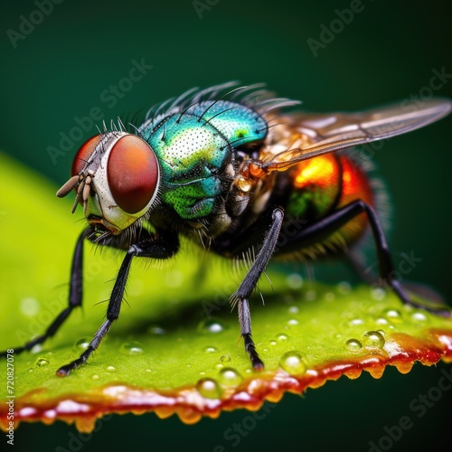 An extreme close-up of a fly on a leaf, its compound eyes reflecting the world in a myriad of tiny images