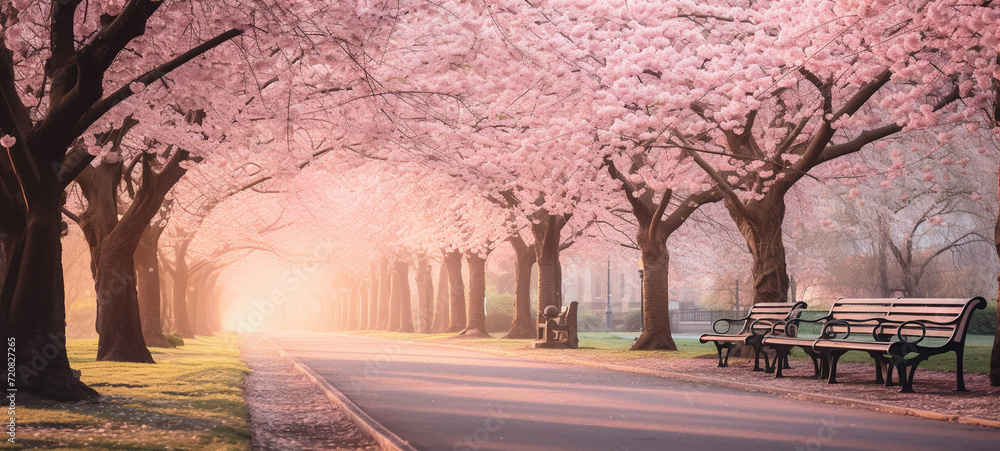 A serene park with cherry blossom trees in soft pink hues, AI Generative.