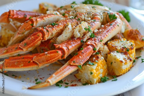 split open crab legs covered in roasted potatoes, chunks of corn cob 