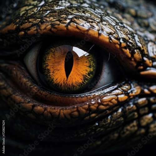 An intense closeup shot of a crocodile's eye showcasing its reptilian features