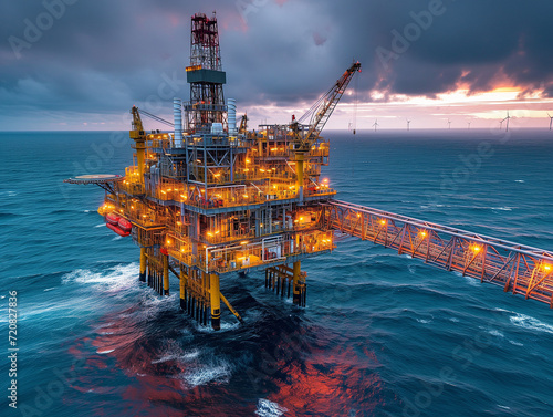 On an oil rig in the open sea, the lighting shines and is reflected across the water. The platform, illuminated by vibrant lights, creates a dramatic backdrop against the dark sky. photo