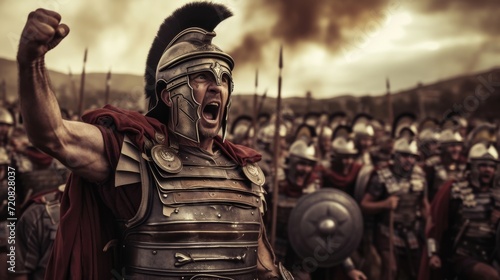 Obraz na płótnie Dramatic illustration of Roman centurion, shouting charge with thousands of Roman soldiers behind him