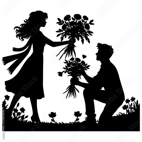 Vector illustration of lovers silhouette giving flowers on separate white background