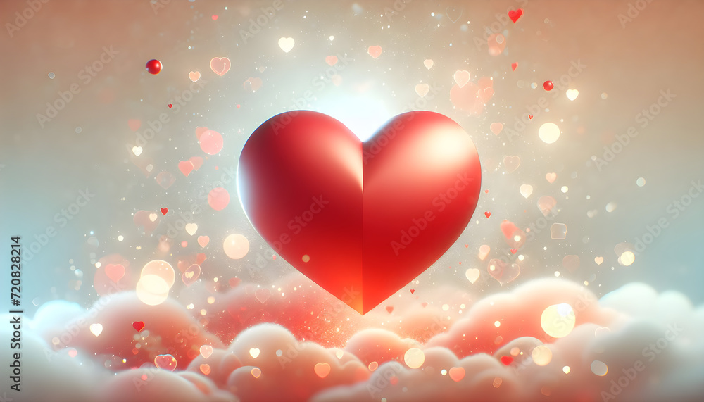 a big RED heart in a modern style against an abstract soft peach fuzz background of bokeh lights, blurred spots on a light background with heart shapes on the clouds